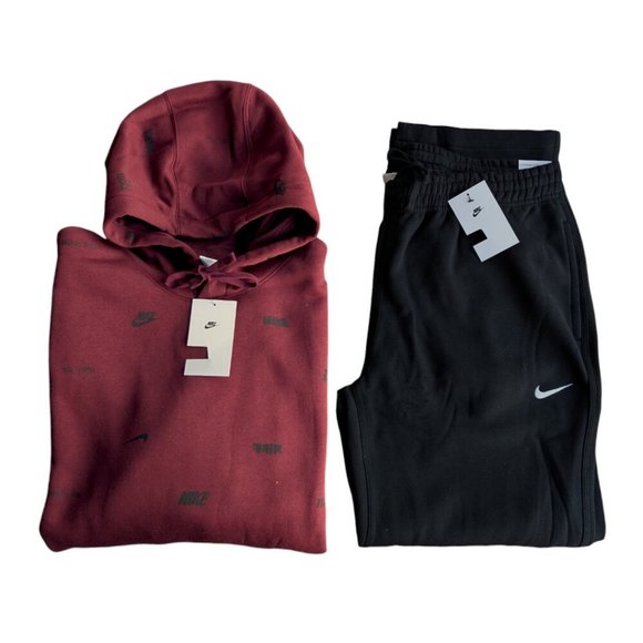 Nike Air Men's 2 PC AOP Sweatsuit Maroon Red Swoosh Logos Fleece Tracksuit Set - Picture 12 of 13